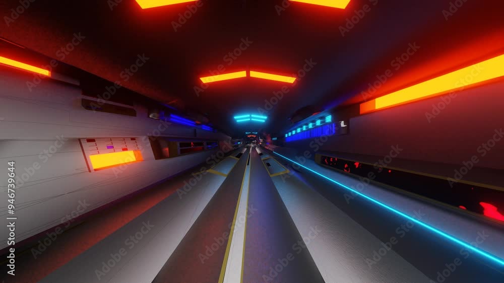 Poster endless camera movement inside a futuristic space tunnel with red and blue blinking monitors. 3d ren
