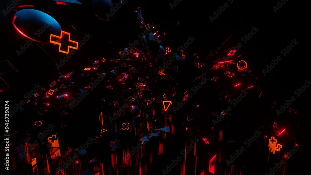 Poster abstract animated background. many glowing orange set figures fly on black background. 3d render loo