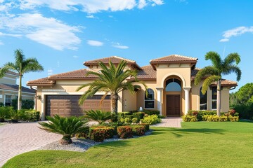 Fototapeta premium Luxurious Mediterranean-style villa with palm trees and manicured lawn on sunny day