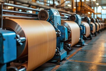 Industrial machinery with rolls of material in a factory