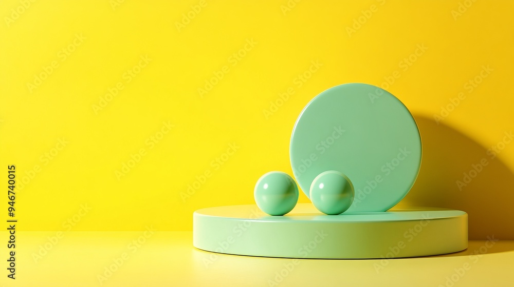 Poster a yellow background with a round object and two green balls