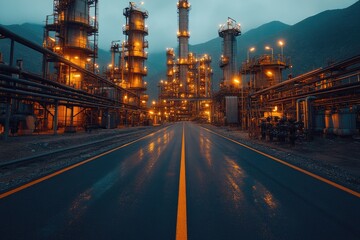 Industrial Road Leading Through a Refinery at Dusk