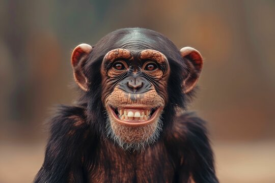Close-up portrait of smiling chimpanzee showing teeth