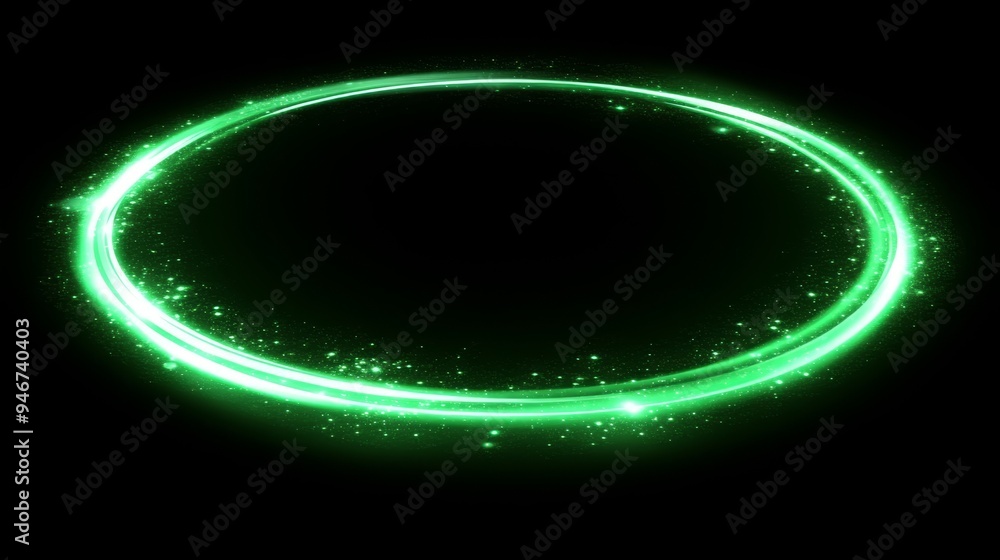 Poster sparkles and neon glow on a textured abstract background. circle frame of shiny swirls with green sp