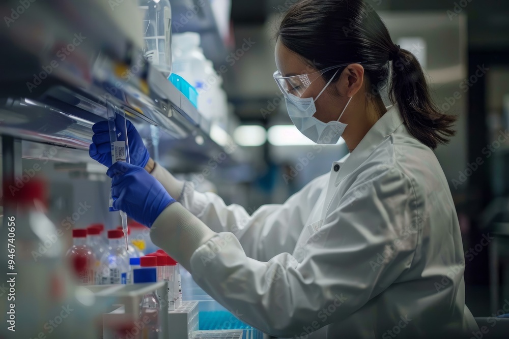 Poster scientist in a laboratory is working with test tubes and a micropipette