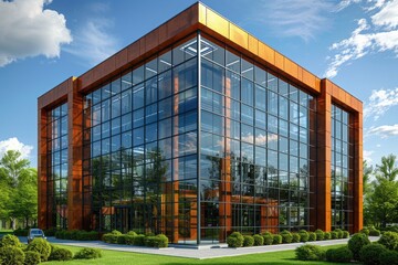 Obraz premium Modern Glass and Copper Office Building with Green Landscaping