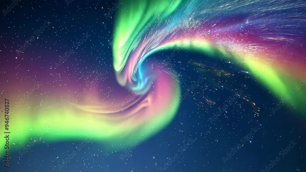 Poster a colorful aurora is shooting out of the sky. the colors are bright and vibrant, creating a sense of
