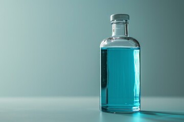 Glass bottle filled with blue liquid standing on surface with copy space