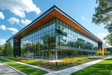 Obraz premium Modern Glass Office Building with Landscaping