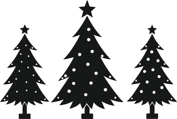 Christmas tree icons, silhouettes in black color. Vintage vector icons isolated on white background. Silhouettes of Christmas trees with a stars at the top. Big set for decoration.