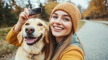 A woman and her golden retriever enjoy a cheerful autumn day while taking a selfie on a scenic park path surrounded by colorful leaves