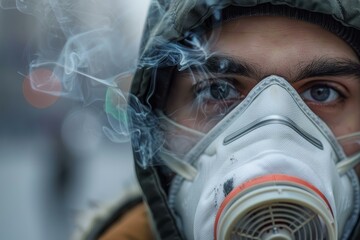 Fototapeta premium Young man is wearing a protective mask as smoke fills the air