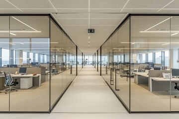 Obraz premium Modern Office Corridor with Glass Walls and City Views