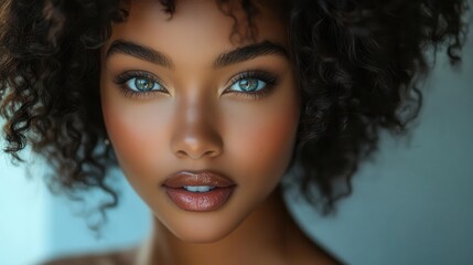 Fototapeta premium striking portrait of african american woman with luminous skin and natural hair dramatic lighting accentuates facial features confident gaze and regal posture embody beauty and strength