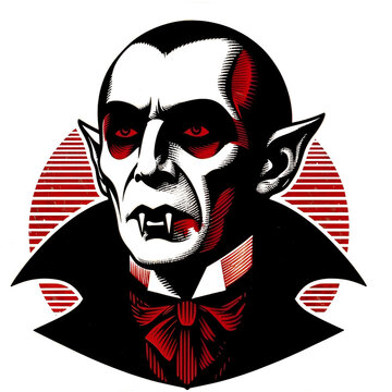 recommend clip art: vampire with sharp fangs, pointed ears, and a menacing expression. Bold black and red color scheme, vintage retro style, classic horror, Dracula, Halloween, gothic.