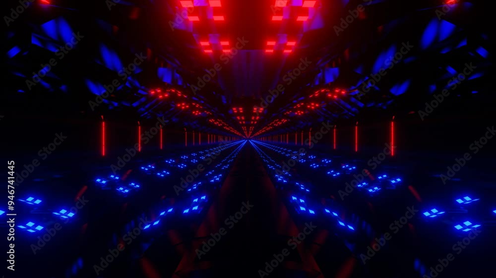 Poster endless camera movement inside a futuristic dark tunnel with blinking monitors. 3d render looped ani