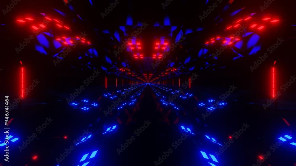 Poster endless camera movement inside a futuristic dark tunnel with blinking monitors. 3d render looped ani