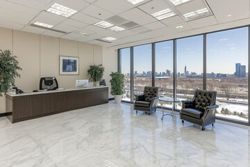Modern Office Interior with Cityscape View and Marble Floor