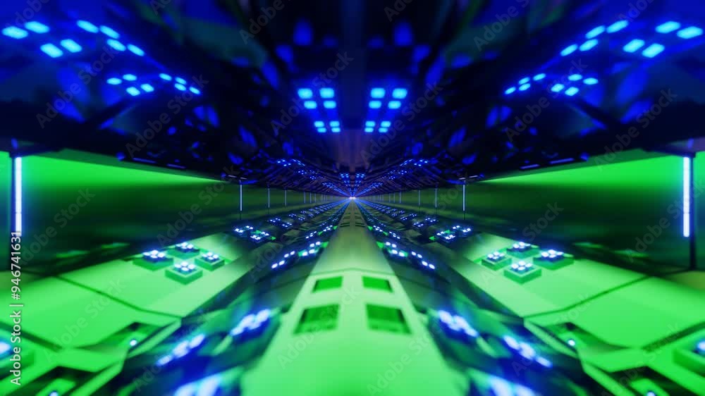 Poster endless camera movement inside a futuristic dark tunnel with blinking monitors. 3d render looped ani
