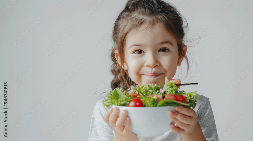 Wall mural elementary school kid, baby girl love having organic vegetable salad in the bowl in school lunch tim