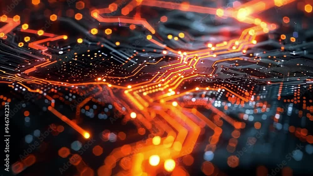 Poster abstract 3d render of a circuit board forming with glowing orange lights, symbolizing the flow of di