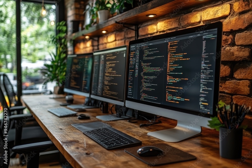 Poster modern workspace with multiple monitors and code on screen