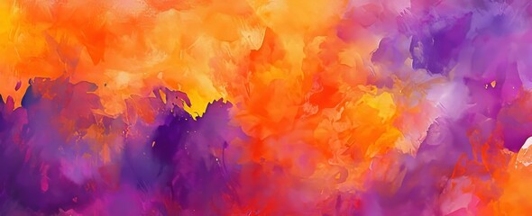 Abstract sunset or sunrise sky illustration with watercolor paint blotches, colored background with colors pink, yellow, orange, and red.