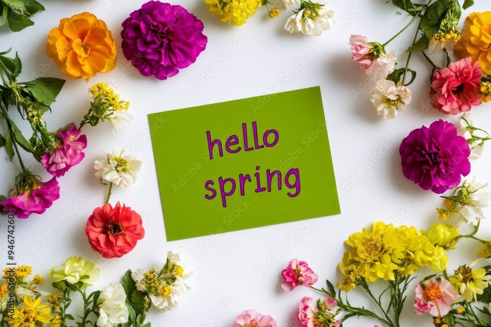 Poster the text hello spring is on a white background with beautiful flowers.