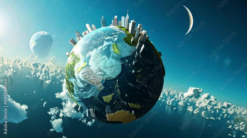Aufkleber A globe with a city on it and a moon in the sky. The globe is surrounded by clouds