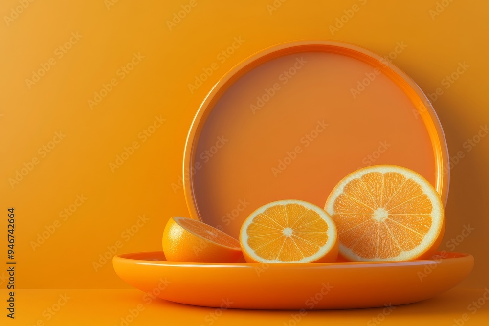 Poster this 3d rendering shows an orange pedestal stand or podium pedestal on an empty display with glowing