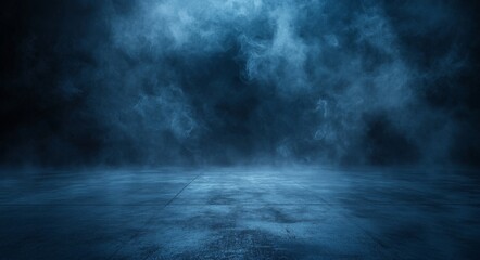 The background consists of a blank dark wall and a smoky concrete floor illuminated by a blue color.