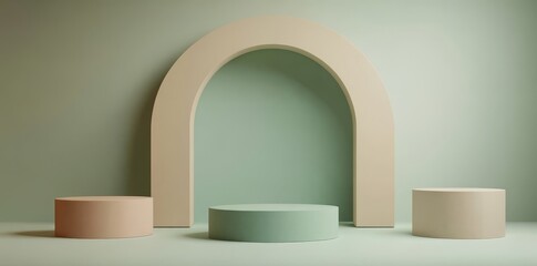 This simple, minimal showcase scene has a golden square frame and an empty podium to demonstrate the product. It has an abstract background with geometric shapes and sunlight rays.