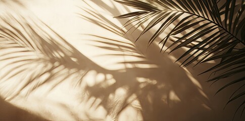 Obraz premium The backdrop of a cosmetic product presentation is a minimal abstract background with a shadow of tropical palm leaves on a beige background. A presentation showcase, display case, banner is also