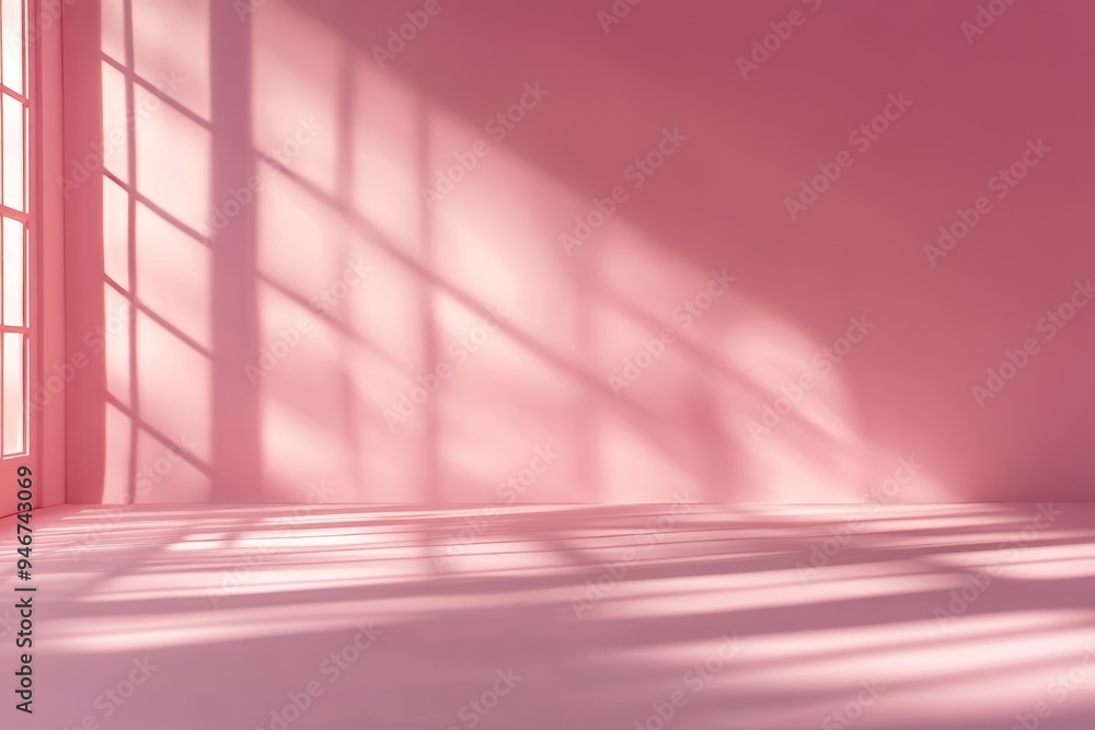 Poster a blurred pink background with shadows of windows and flowers and palm leaves for an abstract produc
