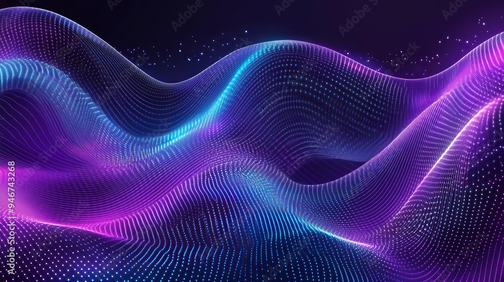 Poster stream of glowing particles on a purple background. infotech background in 3d.