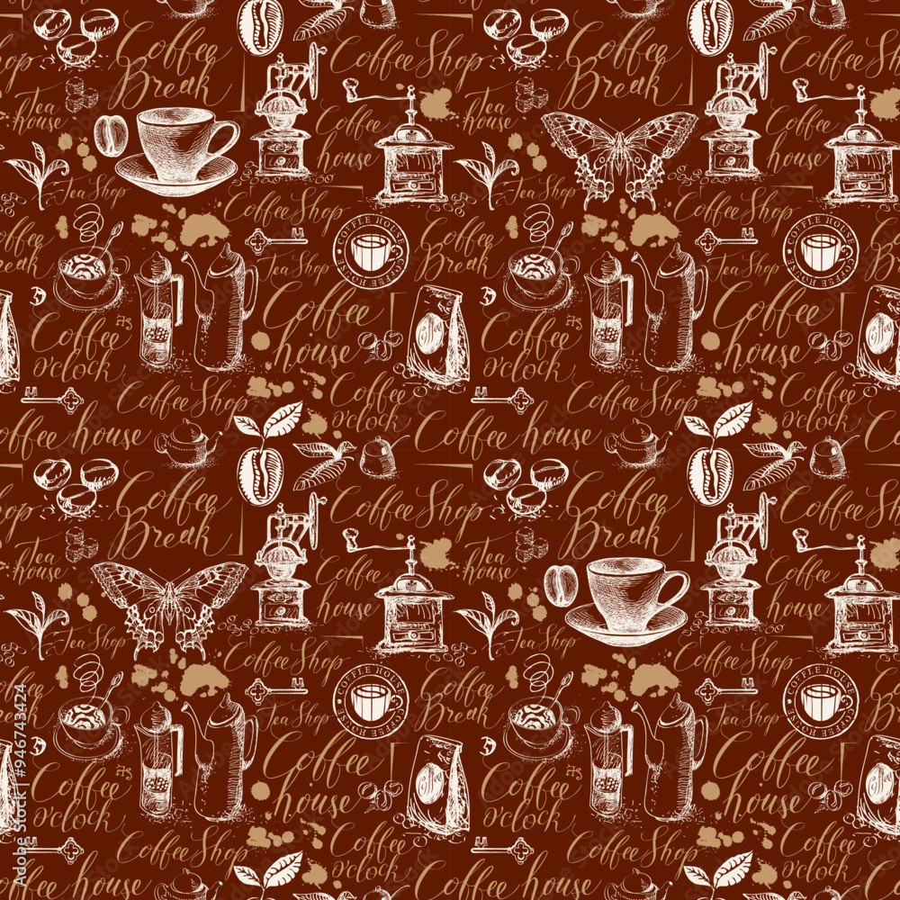 Poster vector seamless pattern on tea and coffee label theme with sketches, blots and inscriptions in retro