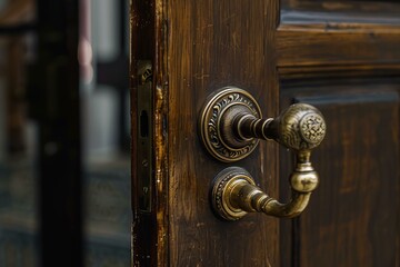 Obraz premium Closeup of an old elegant door handle and keyhole on a wooden door, showing the beautiful craftsmanship of a bygone era