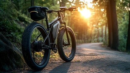 Obraz premium A sleek electric bike parked on a scenic forest path during sunset.