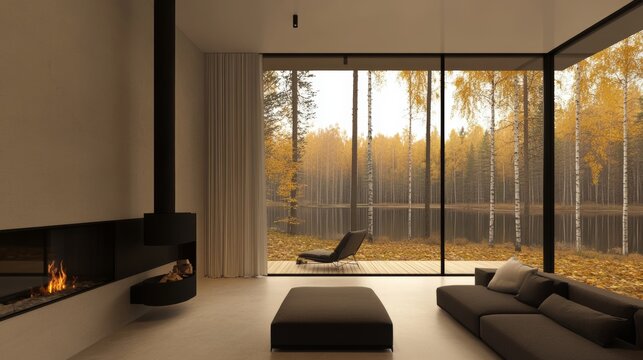 Online webinar background of fall trees lake and fireplace. Created using Stock.