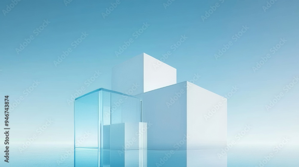 Aufkleber this is a 3d render of a futuristic abstract glass building with an empty concrete floor.