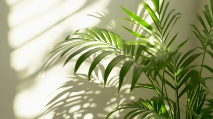 Obraz premium Studio interior wall with a white background. Transparent blurry shadow of tropical leaves, generative AI