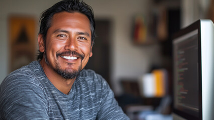 Obraz premium Native American Indigenous Man Software Developer - man, smiling, casual, indoors, computer, office, desk, grey shirt, relaxed, happy, technology, workspace, professional, adult, male