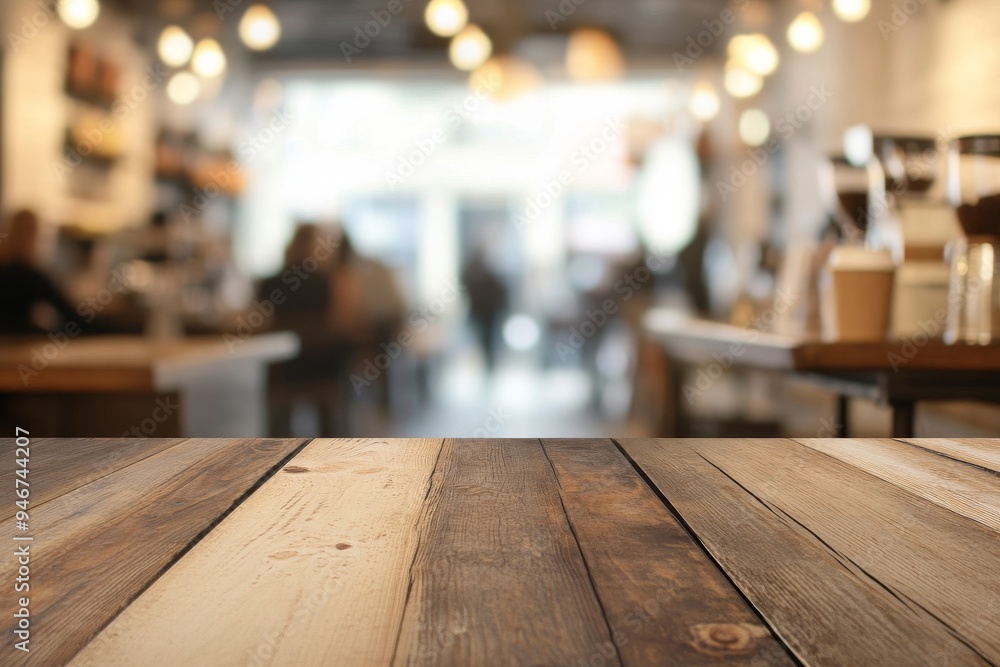 Poster stacks of wooden boards with empty tables. abstract blurred cafe backdrop