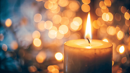 A close-up of a candle burning with a soft, warm glow