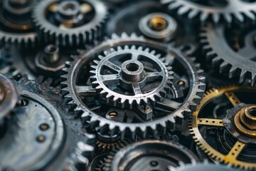 Close up view of complex interlocking industrial gears working together in a seamless mechanism, showcasing the beauty of engineering and precision