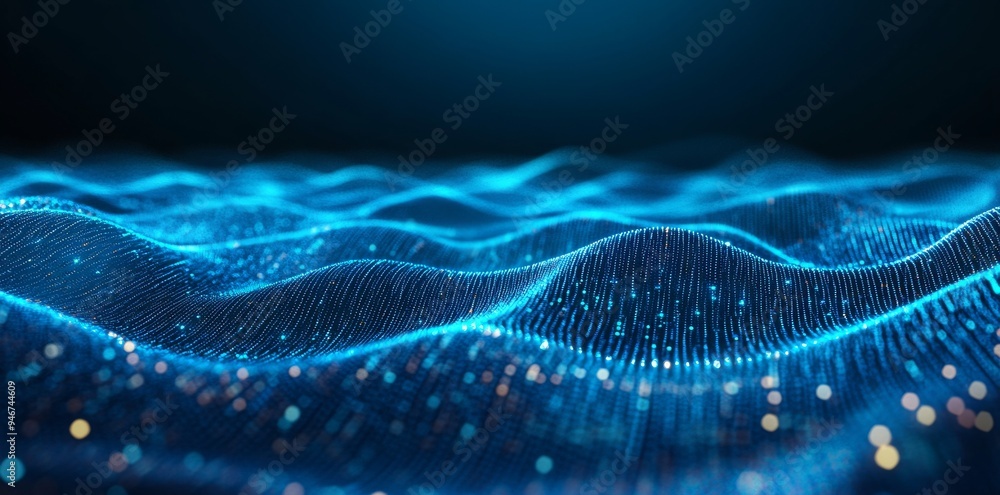 Poster with digital waves, a dynamic network system, artificial neural connections, quantum computing, and 