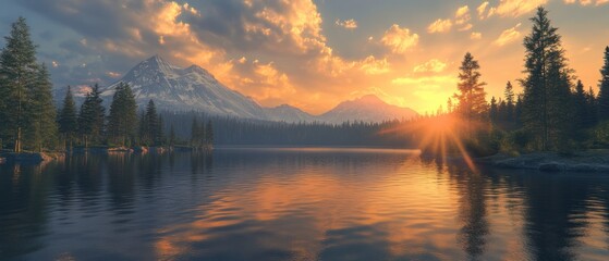 Fototapeta premium Serene Sunset Over a Mountain Lake