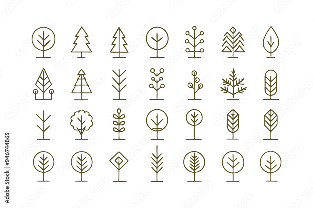 Wall mural set of minimal linear trees vector icon.