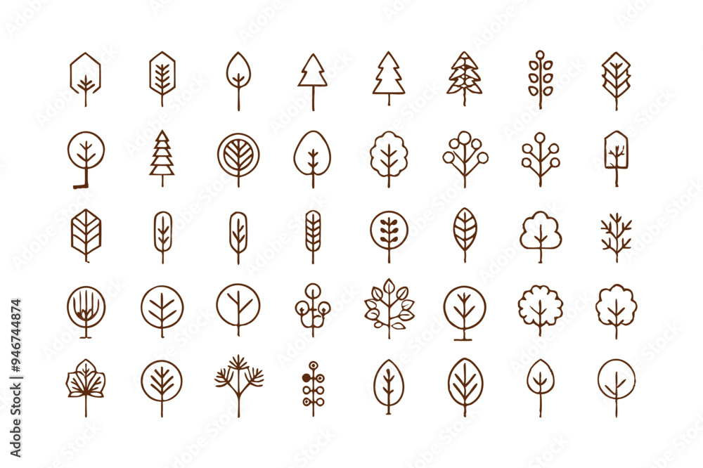 Wall mural set of minimal linear trees vector icon.