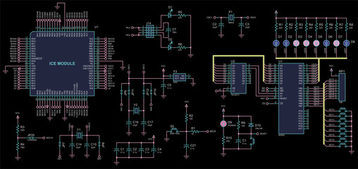 Vector electrical schematic diagram of digital
electronic device with led indicators and integrated circuit, operating under 
the control of microcontroller. Technical engineering drawing.